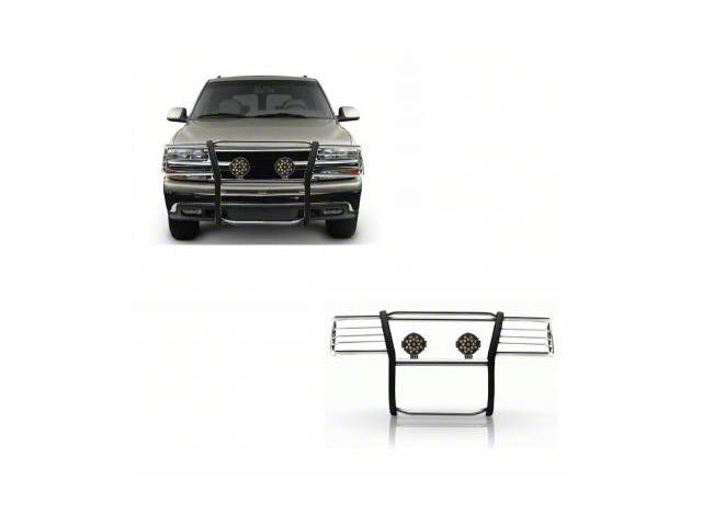 Grille Guard with 7-Inch Black Round LED Lights; Stainless Steel (99-02 Silverado 1500)