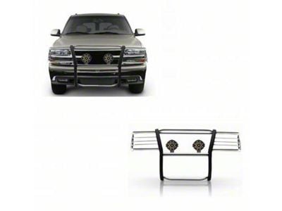 Grille Guard with 7-Inch Black Round LED Lights; Stainless Steel (99-02 Silverado 1500)
