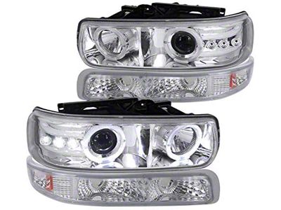 Dual Halo Projector Headlights with Bumper Lights; Chrome Housing; Clear Lens (99-03 Silverado 1500)