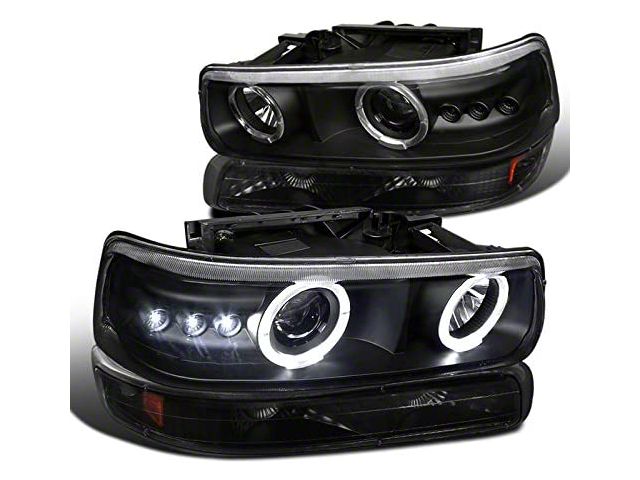 Dual Halo Projector Headlights with Bumper Lights; Matte Black Housing; Clear Lens (99-03 Silverado 1500)