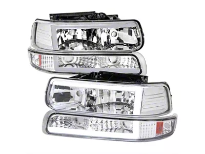 LED Bar Factory Style Headlights with Bumper Lights and Amber Reflector; Chrome Housing; Clear Lens (99-02 Silverado 1500)