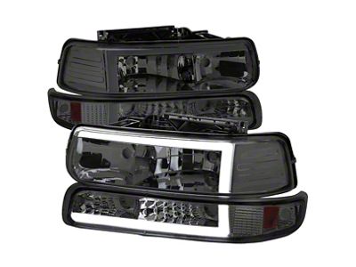 LED Bar Factory Style Headlights with Bumper Lights and Amber Reflector; Chrome Housing; Smoked Lens (99-02 Silverado 1500)