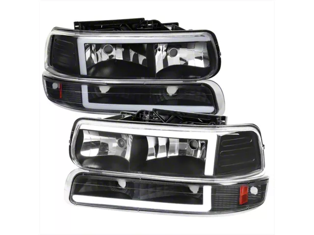 LED Bar Factory Style Headlights with Bumper Lights; Matte Black Housing; Clear Lens (99-02 Silverado 1500)