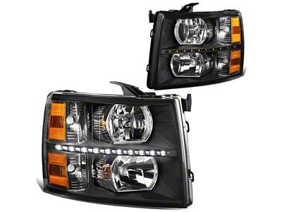 LED DRL Headlights with Amber Corner Lights; Black Housing; Clear Lens (07-13 Silverado 1500)