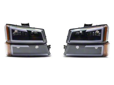 LED DRL Headlights with Amber Corners; Black Housing; Clear Lens (03-06 Silverado 1500)