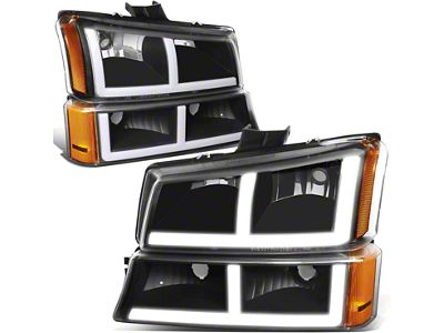 LED DRL Headlights with Amber Corners; Black Housing; Clear Lens (03-06 Silverado 1500)