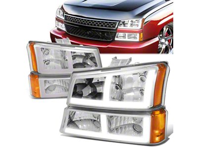 LED DRL Headlights with Amber Corners; Chrome Housing; Clear Lens (03-06 Silverado 1500)