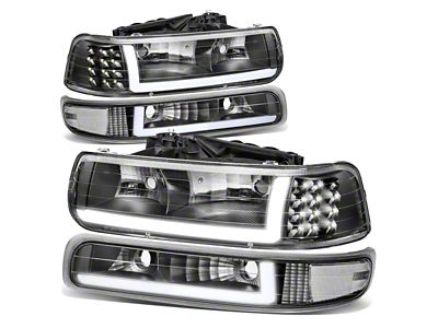 LED DRL Headlights with Clear Corners; Black Housing; Clear Lens (99-02 Silverado 1500)