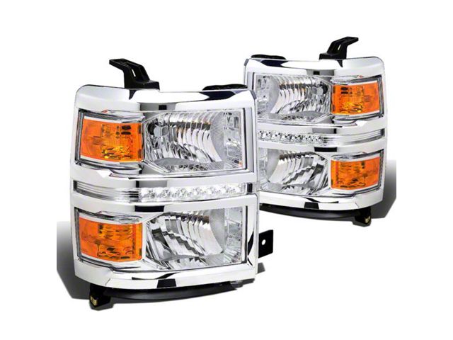 LED DRL Headlights with Amber Corner Lights; Chrome Housing; Clear Lens (14-15 Silverado 1500)