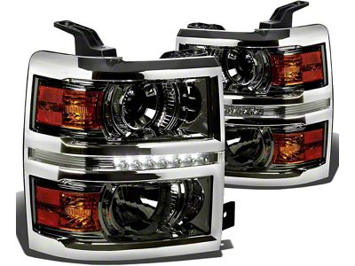 LED DRL Projector Headlights; Chrome Housing; Smoked Lens (14-15 Silverado 1500)