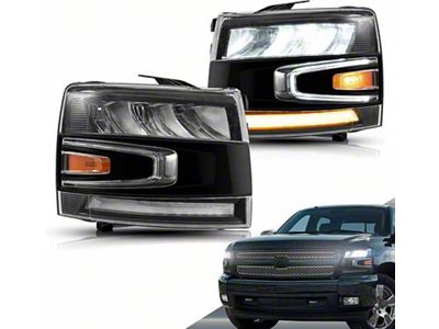 LED Headlights with Sequential Turn Signals; Black Housing; Clear Lens (07-13 Silverado 1500)