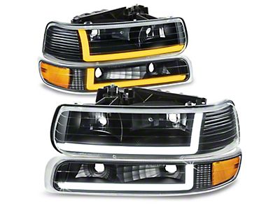 Silverado 1500 LED DRL Headlights with Clear Corners; Black Housing; Smoked Lens (99-02 Silverado 1500) - Free Shipping Silverado 1500 LED DRL Headlights with Clear Corners; Black Housing; Smoked Lens (99-02 Silverado 1500) - Free Shipping