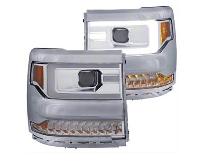 Plank Style Projector Headlights with Sequential Turn Signals; Chrome Housing; Clear Lens (16-18 Silverado 1500 w/ Factory HID Headlights)
