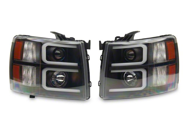 DTMOTO Black Smoke LED DRL Tube Projector Headlights For 2007-2013 Chevy Silverado 1500/2500