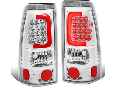 Red C-Bar LED Tail Lights; Chrome Housing; Clear Lens (99-02 Silverado 1500 Fleetside)