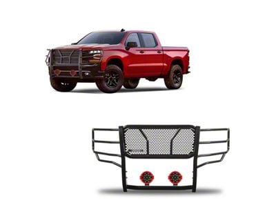 Rugged Heavy Duty Grille Guard with 7-Inch Red Round LED Lights; Black (19-21 Silverado 1500; 2022 Silverado 1500 LTD)