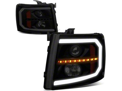 Sequential LED Turn Signal Projector Headlights with Amber Corner Lights; Black Housing; Smoked Lens (07-13 Silverado 1500)