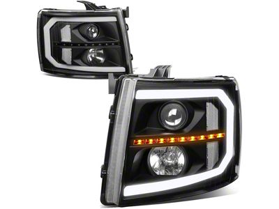 Sequential LED Turn Signal Projector Headlights with Clear Corner Lights; Black Housing; Clear Lens (07-13 Silverado 1500)