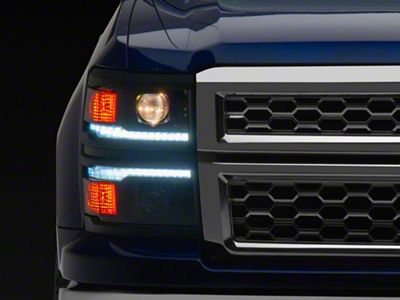 Switchback Sequential LED Bar Projector Headlights; Matte Black Housing; Smoked Lens; Black Trim (14-15 Silverado 1500)