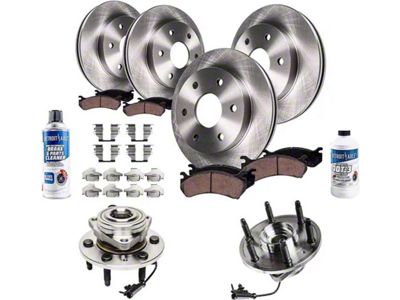 Vented 6-Lug Brake Rotor, Pad, Brake Fluid, Clear and Wheel Hub Assembly Kit; Front and Rear (07-13 4WD Silverado 1500 w/ Rear Disc Brakes)