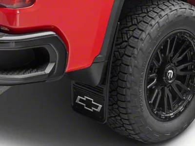 12-Inch x 23-Inch Mud Flaps with Black Bowtie Logo; Front or Rear (Universal; Some Adaptation May Be Required)