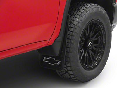 Black Wrap No-Drill Mud Flaps with Bowtie Logo; Front and Rear (20-24 Silverado 2500 HD)