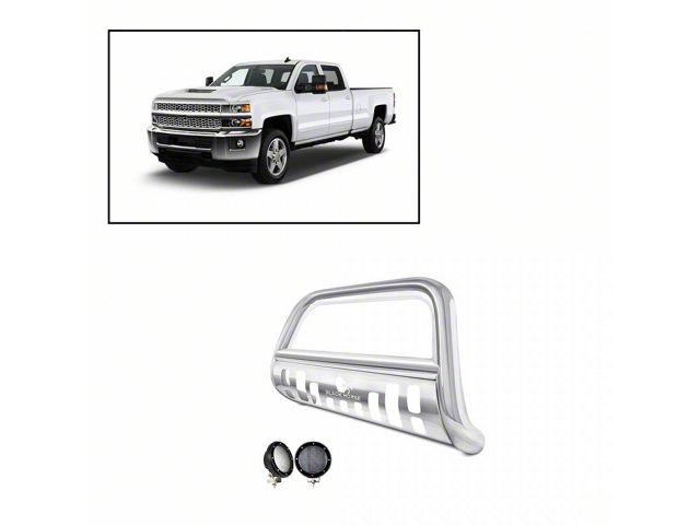 Bull Bar with 5.30-Inch Black Round Flood LED Lights; Stainless Steel (11-19 Silverado 2500 HD)