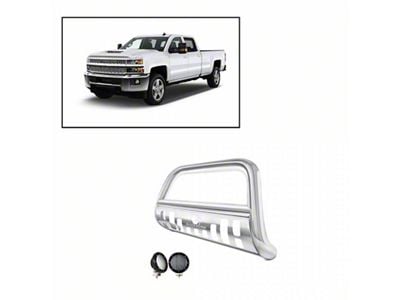 Bull Bar with 5.30-Inch Black Round Flood LED Lights; Stainless Steel (11-19 Silverado 2500 HD)