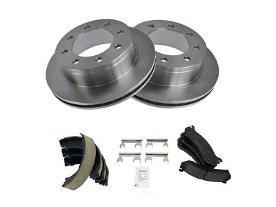 Ceramic 8-Lug Brake Rotor, Pad and Parking Shoe Kit; Rear (07-09 Silverado 2500 HD)