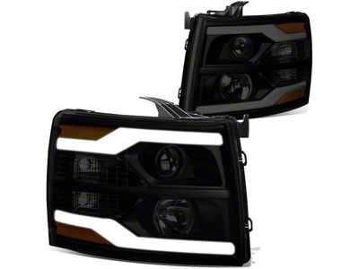 Dual LED DRL Projector Headlights with Amber Corner Lights; Black Housing; Smoked Lens (07-14 Silverado 2500 HD)