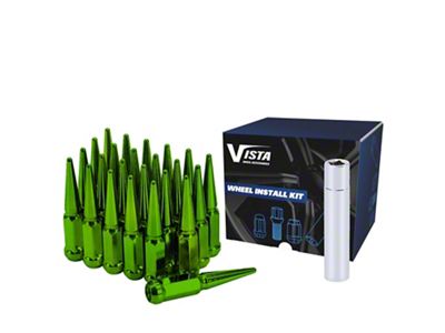 Green Spike Lug Nuts; M14x1.5; Set of 32 (01-26 Silverado 2500 HD)