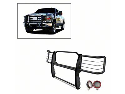 Grille Guard with 5.30-Inch Black Round Flood LED Lights; Black (11-14 Silverado 2500 HD)
