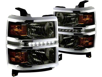 LED DRL Headlights with Amber Corner Lights; Black Housing; Smoked Lens (2015 Silverado 2500 HD)