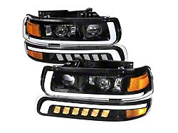 LED DRL Projector Headlights with Bumper Lights and Amber Reflector; Jet Black Housing; Clear Lens (01-02 Silverado 2500 HD)