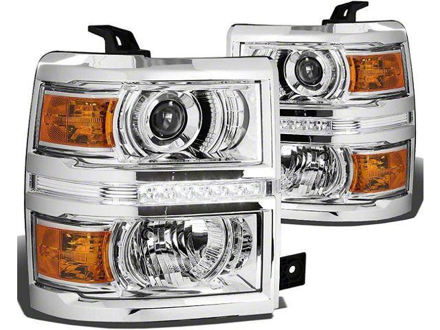 LED DRL Projector Headlights; Chrome Housing; Clear Lens (2015 Silverado 2500 HD)