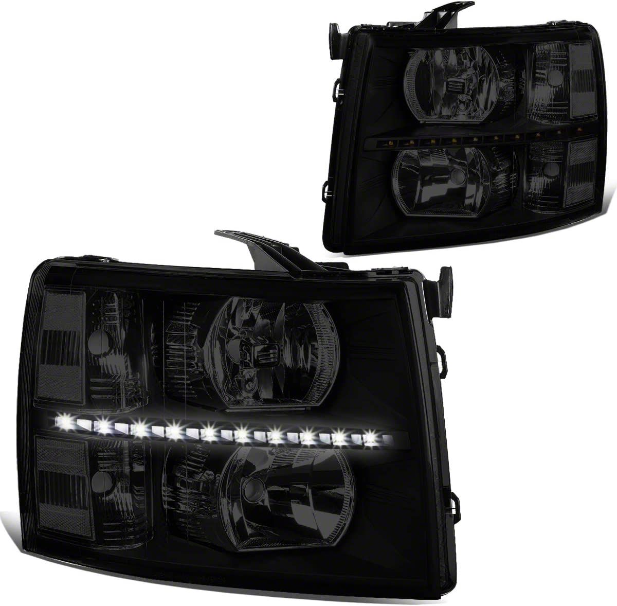 CHEDA Smoked Lens LED DRL Headlights For 03-07 Chevy Silverado – Black Housing, Pair