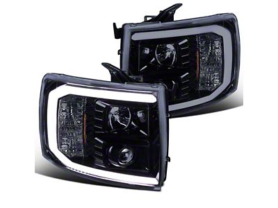 LED C-Bar Projector Headlights; Gloss Black Housing; Smoked Lens (07-14 Silverado 2500 HD)