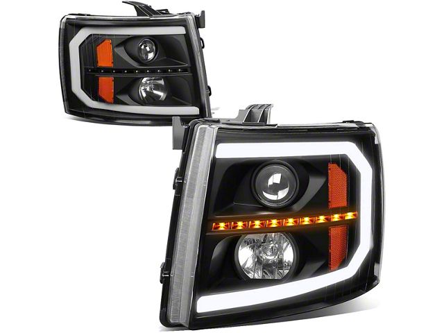 Sequential LED Turn Signal Projector Headlights with Amber Corner Lights; Black Housing; Clear Lens (07-14 Silverado 2500 HD)