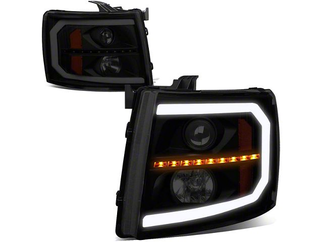 Sequential LED Turn Signal Projector Headlights with Amber Corner Lights; Black Housing; Smoked Lens (07-14 Silverado 2500 HD)