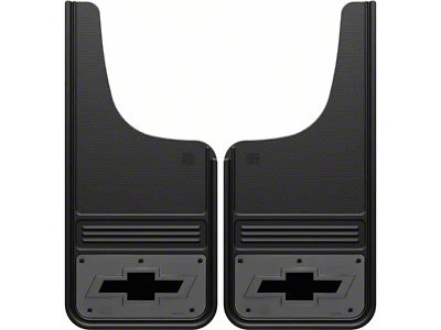 12-Inch x 26-Inch Mud Flaps with Black Bowtie Logo; Front or Rear (Universal; Some Adaptation May Be Required)