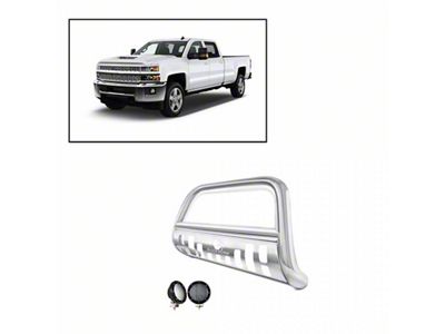Bull Bar with 5.30-Inch Black Round Flood LED Lights; Stainless Steel (11-19 Silverado 3500 HD)