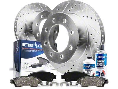 Drilled and Slotted 8-Lug Brake Rotor, Pad, Brake Fluid and Cleaner Kit; Front (07-10 Silverado 3500 HD SRW)