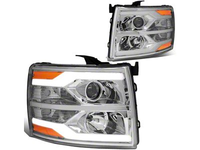 Dual LED DRL Projector Headlights with Amber Corner Lights; Chrome Housing; Clear Lens (07-14 Silverado 3500 HD)