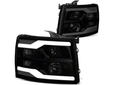 Dual LED DRL Projector Headlights with Clear Corner Lights; Black Housing; Smoked Lens (07-14 Silverado 3500 HD)