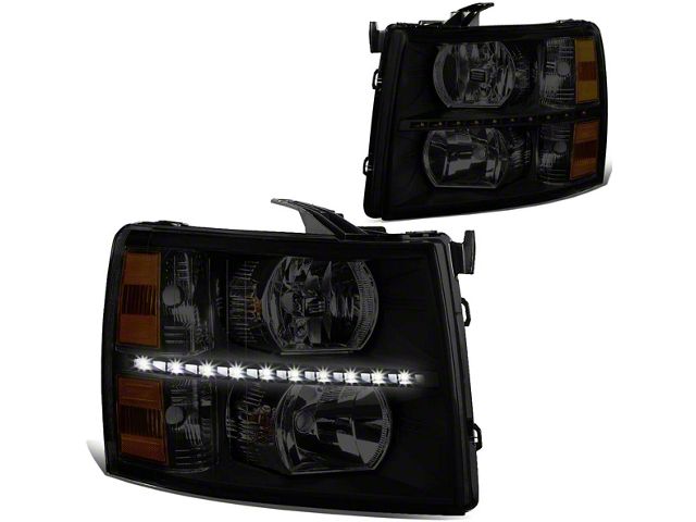 LED DRL Headlights with Amber Corner Lights; Black Housing; Smoked Lens (07-14 Silverado 3500 HD)