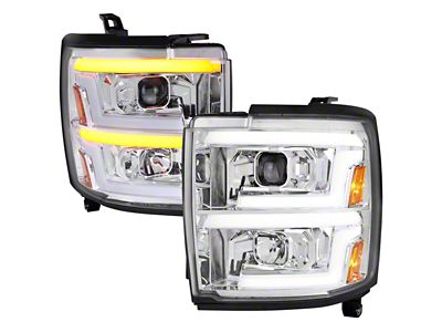 Projector Headlights with Switchback Sequential Signal; Chrome Housing; Clear Lens (15-19 Silverado 3500 HD w/ Factory Halogen Headlights & w/o LED DRL)