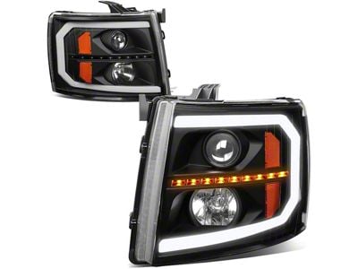 Sequential LED Turn Signal Projector Headlights with Amber Corner Lights; Black Housing; Clear Lens (07-14 Silverado 3500 HD)