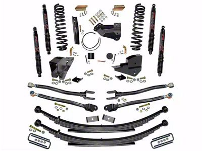 SkyJacker 4-Inch 4-Link Suspension Lift Kit with Rear Leaf Springs and Black MAX Shocks (23-24 4WD 6.8L, 7.3L F-250 Super Duty w/o 4-Inch Axles, Factory LED Headlights, Onboard Scales)
