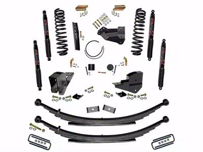 SkyJacker 4-Inch Suspension Lift Kit with Rear Leaf Springs and Black MAX Shocks (23-24 4WD 6.8L, 7.3L F-250 Super Duty w/o 4-Inch Axles, Factory LED Headlights, Onboard Scales)
