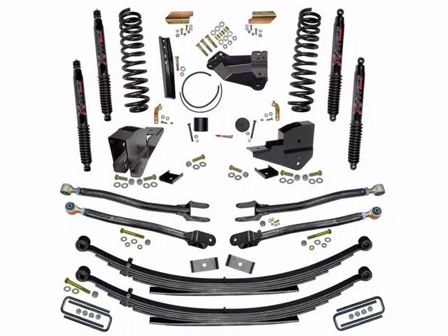 SkyJacker 6-Inch 4-Link Suspension Lift Kit with Rear Leaf Springs and Black MAX Shocks (23-24 4WD 6.8L, 7.3L F-250 Super Duty w/o 4-Inch Axles, Factory LED Headlights, Onboard Scales)